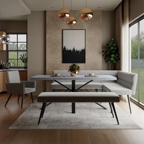 Ezra Grey Dining Set with Spider Legs - Monza Grey Fabric 1 RHF Corner Bench, 1 Low Bench and 1 Armchair