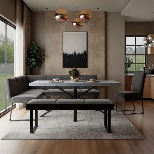 Ezra Grey Dining Set with Spider Legs - Bronx Dark Grey Fabric 1 LHF Corner Bench, 1 Low Bench and 1 Chair