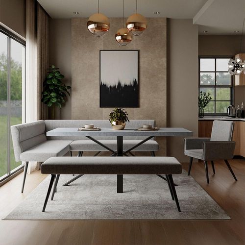 Ezra Grey Dining Set with Spider Legs - Monza Grey Fabric 1 LHF Corner Bench, 1 Low Bench and 1 Armchair
