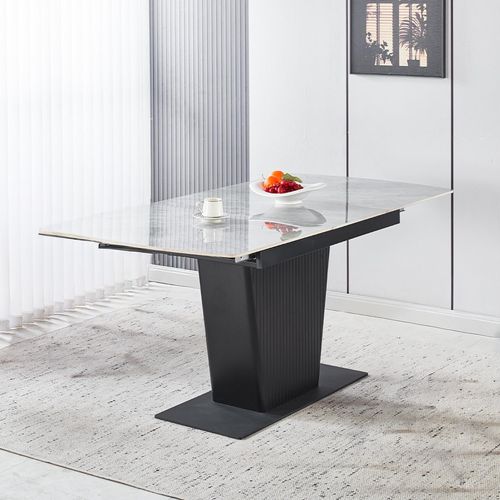 Dutton 4-6 Seater Grey Ceramic Extending Dining Table with Black Pedestal Base - 130cm-170cm