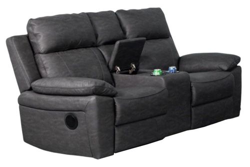 Huntington Dark Grey Leather Look Fabric Electric Recliner 2 Seater Sofa with Console