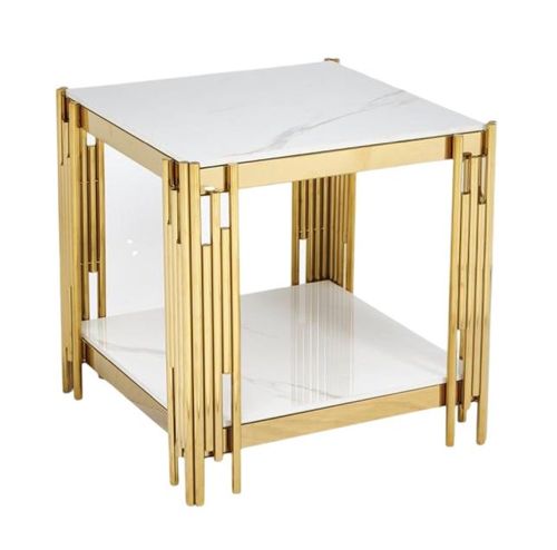 Belini White Sintered Stone and Gold End Table