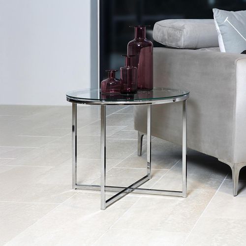 Cross Clear Glass and Chrome Round Side Table