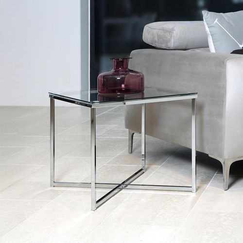 Cross Clear Glass and Chrome Square Side Table