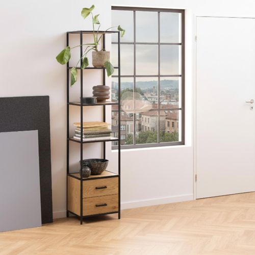 Seaford Oak and Black Metal 2 Drawer Narrow Bookcase