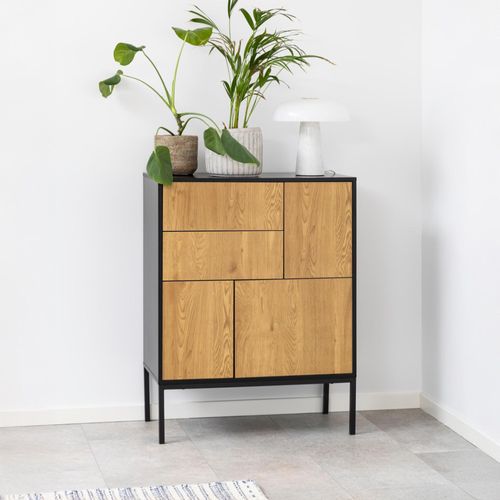 Seaford Oak and Black Metal 3 Door Small Sideboard - 80cm