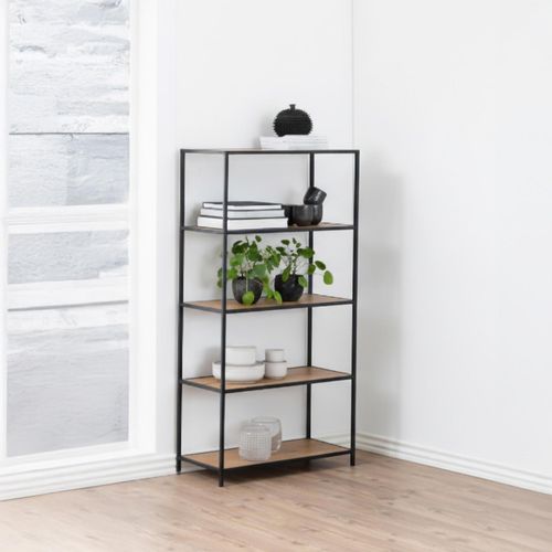 Seaford Oak and Black Metal Low Open Shelving Unit