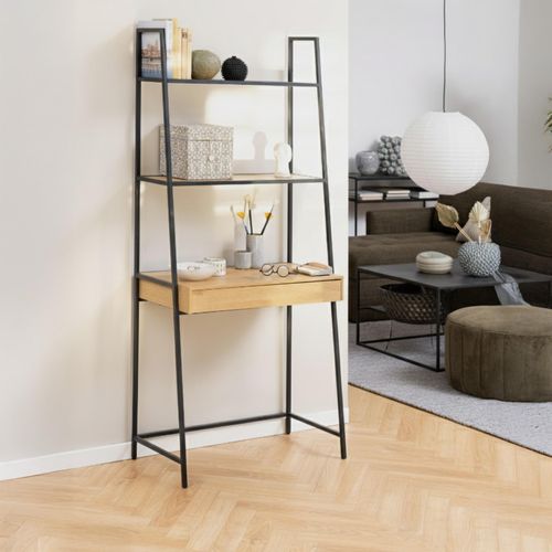 Seaford Oak and Black Metal Open Shelving Unit with Drawer