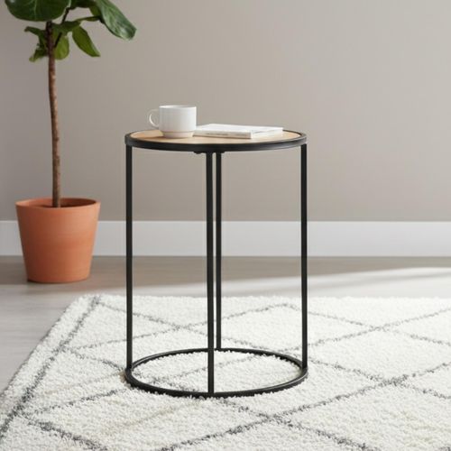Seaford Oak and Black Metal Round Side Table