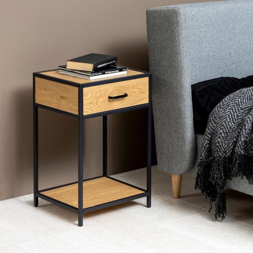 Seaford Oak and Black Metal 1 Drawer Bedside Table