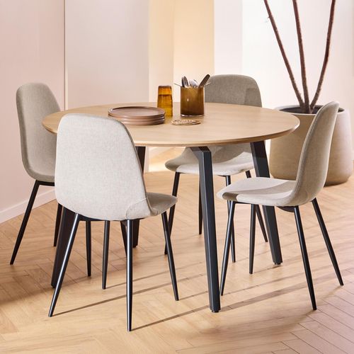 Cadiz Oak Round Dining Set with 4 Nesia Beige Fabric Dining Chair