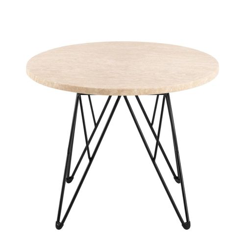 Prunus Beige Travertine Effect Round Side Table with Black Hairpin Legs