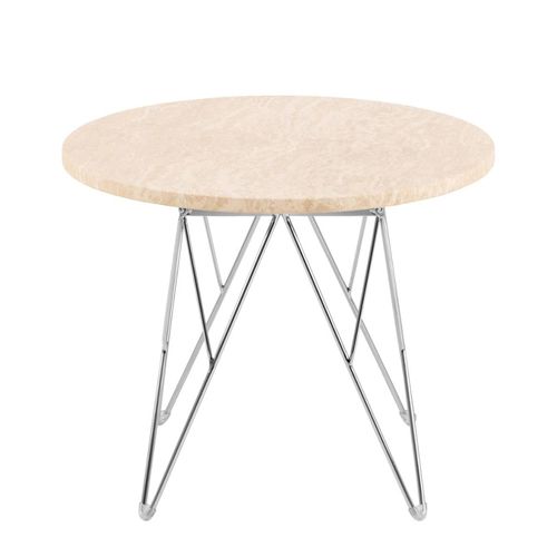 Prunus Beige Travertine Effect Round Side Table with Chrome Hairpin Legs