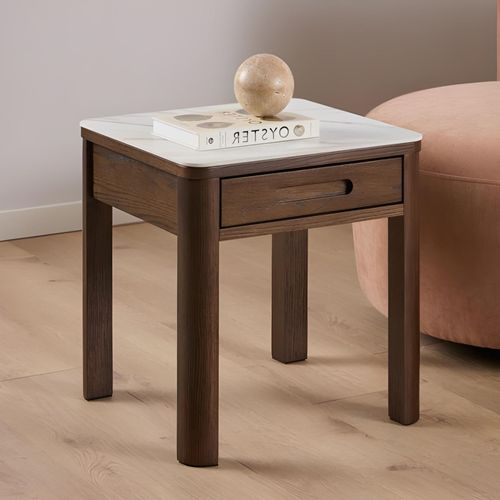 Southampton Dark Oak 1 Drawer Square Side Table - Ceramic Top
