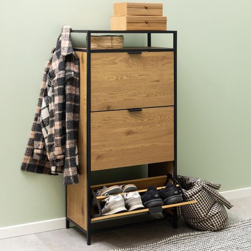 Seaford Oak and Black Metal Flip Down 3 Door Shoe Cabinet