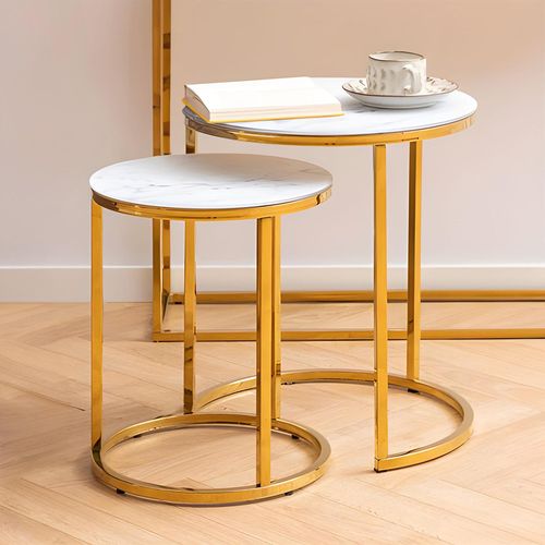 Alisma White Marble and Gold Metal Round Nest of 2 Tables