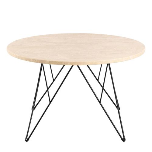 Prunus Beige Travertine Effect Round Coffee Table with Black Hairpin Legs