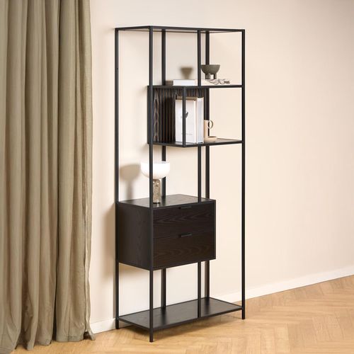 Seaford Black Melamine and Metal 2 Drawer Tall Shelving Unit