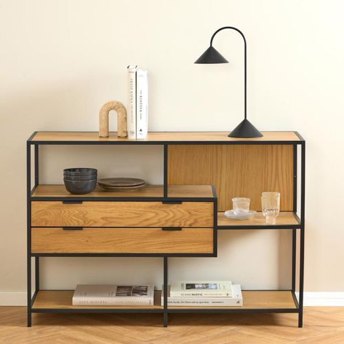 Seaford Oak and Black Metal 2 Drawer Shelving Unit