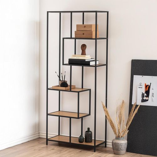 Seaford Oak and Black Metal Tall Open Bookshelf