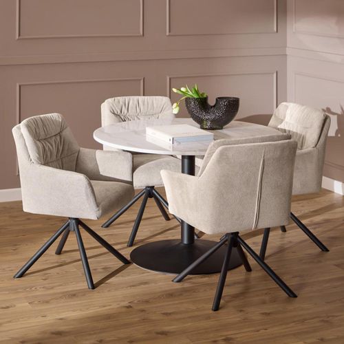 Tarifa White Marble Round Dining Set with 4 Alonso Beige Fabric Dining Chair