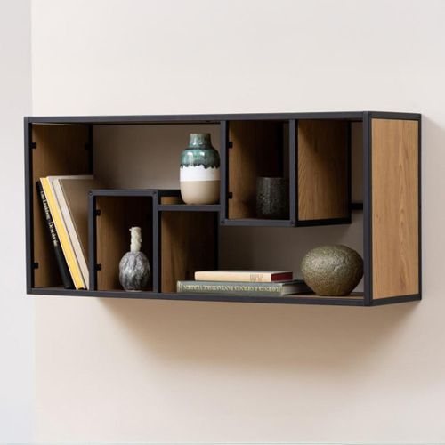 Seaford Oak and Black Metal Wall Shelf