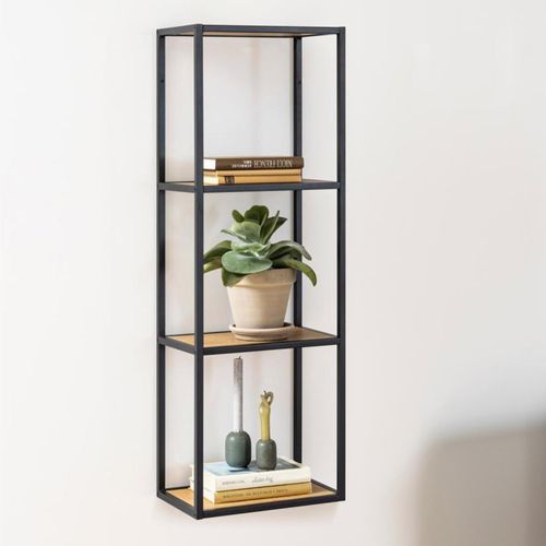 Seaford Oak and Black Metal Narrow Wall Shelf