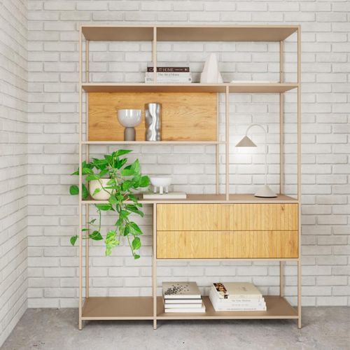 Seaford Fluted Oak and Grey Metal Wide Bookcase