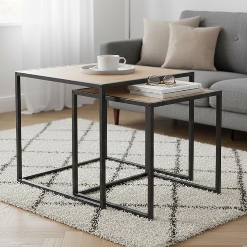 Seaford Oak and Black Metal Square Nest of 2 Tables