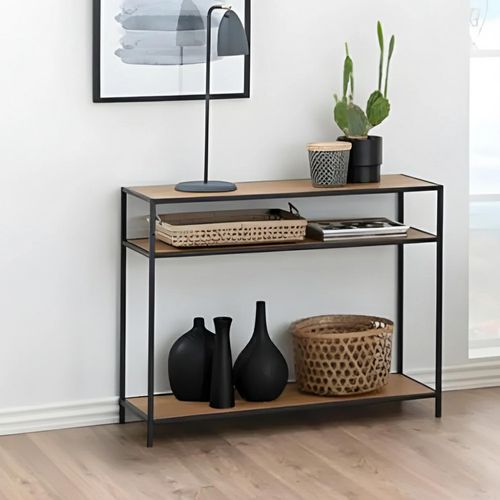 Seaford Oak and Black Metal Console Table with Shelves