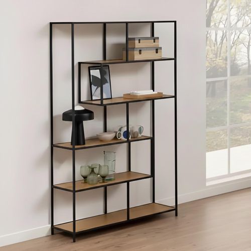 Seaford Oak and Black Metal Large Open Bookshelf