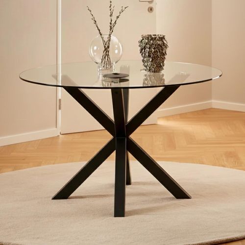 Heaven Glass 4 Seater Round Dining Table with Black Star Legs - 119cm