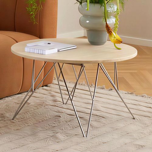 Prunus Beige Travertine Effect Round Coffee Table with Chrome Hairpin Legs
