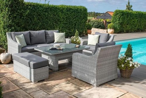 Maze Ascot Grey Rattan 3 Seater Sofa Rising Table Garden Dining Set
