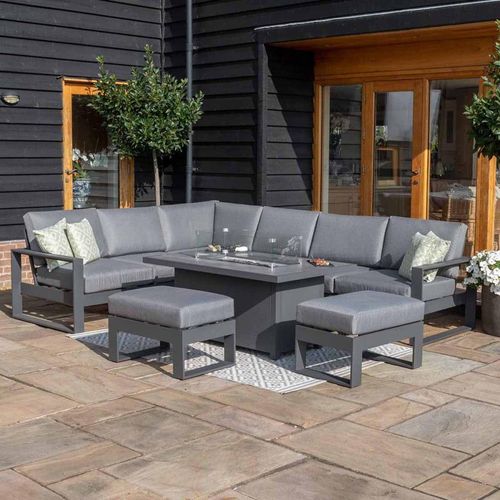 Maze Amalfi Grey Fire Pit Table Corner Garden Dining Set with Footstools