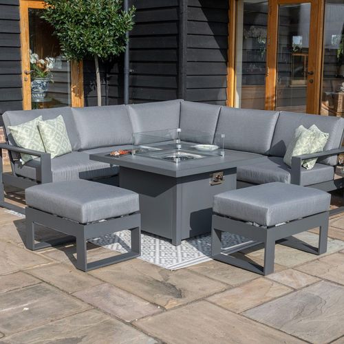 Maze Amalfi Grey Square Fire Pit Table Corner Garden Dining Set with Footstools