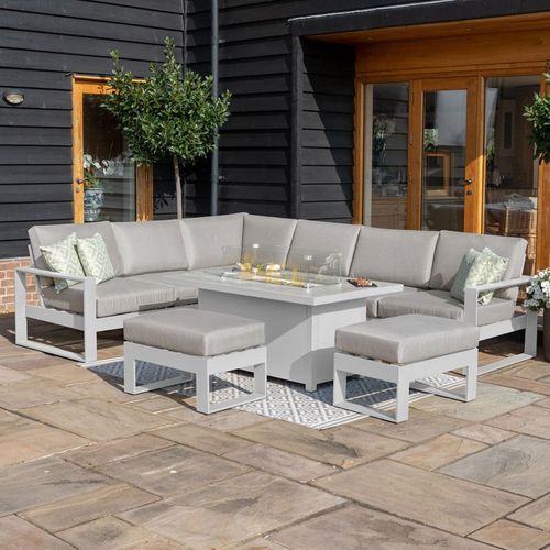 Maze Amalfi White Fire Pit Table Corner Garden Dining Set with Footstools
