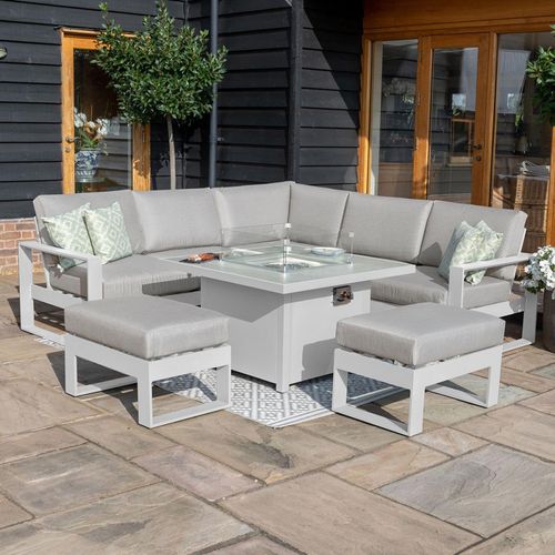 Maze Amalfi White Square Fire Pit Table Corner Garden Dining Set with Footstools