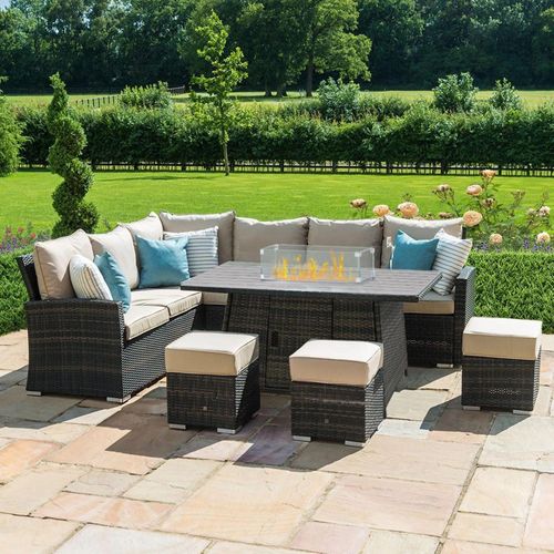 Maze Kingston Brown Rattan Fire Pit Table Corner Garden Dining Set with Footstools
