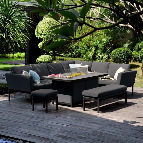 Maze Pulse Charcoal 8 Seater Fire Pit Table Corner Garden Sofa Dining Set with Bench Footstool - LH