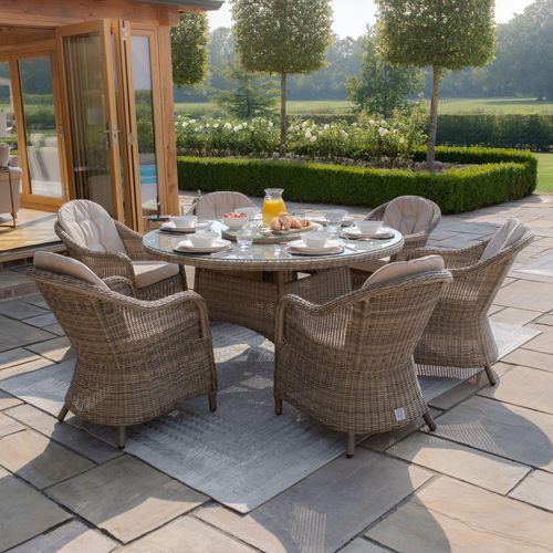 Maze Winchester Brown Rattan 6 Seater Round Garden Lazy Suzan Dining Set with Heritage Chairs