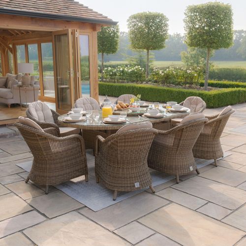 Maze Winchester Brown Rattan 8 Seater Oval Garden Lazy Susan Dining Set with Heritage Chairs