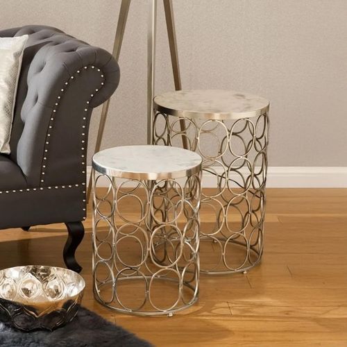Templar Set of 2 Marble and Silver Round Side Tables