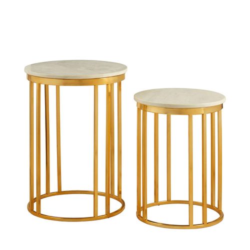 Templar Set of 2 White Marble and Gold Round Side Tables