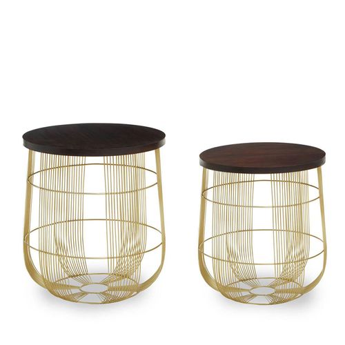 Agra Mango Wood and Brass Round Side Tables - Set of 2