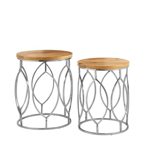 Agra Mango Wood and Metal Round Side Tables - Set of 2