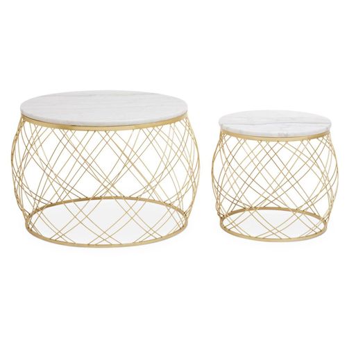 Jodie Set of 2 White Marble Round Side Tables with Geomatric Base