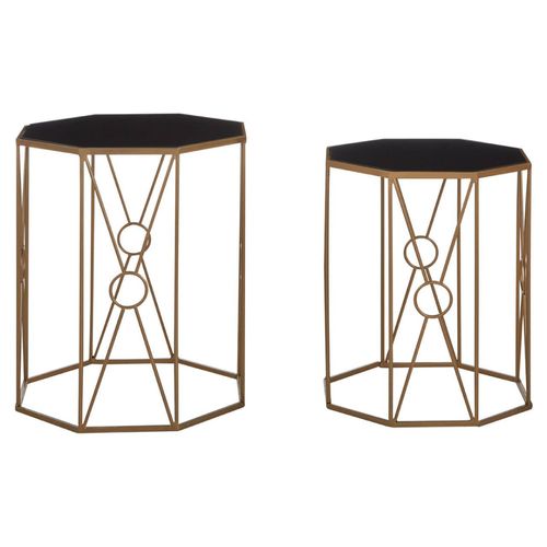 Trento Set of 2 Black Glass Hexagonal Side Tables with Gold Metal Base
