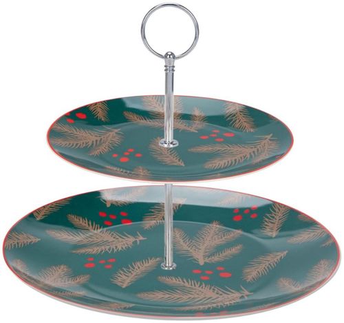 Mindy Brownes Festive Fir Green and Beige Ceramic 2 Tier Cake Stand