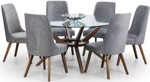Chelsea Glass and Walnut 6 Seater Round Dining Set with 6 Huxley Chairs